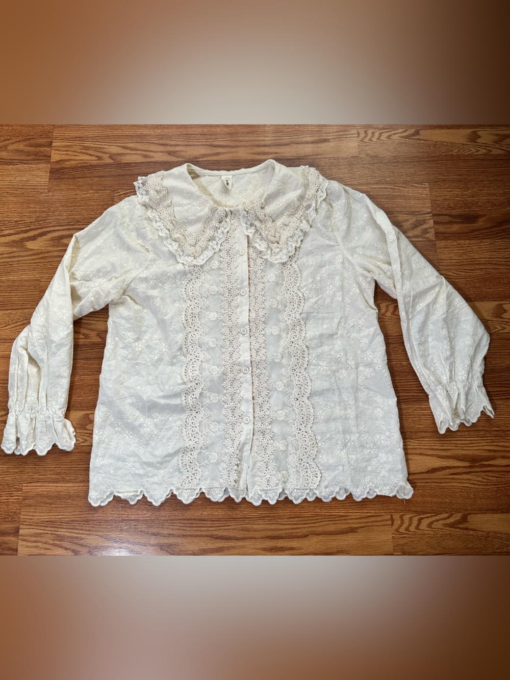 Cream Lace-Trim Button Front Blouse with Peter Pan Collar